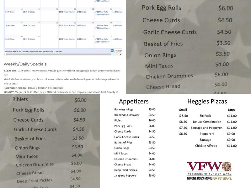 Osakis VFW Post 7902 Menu