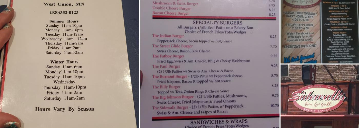 Sidewalks Saloon & Grill Menu