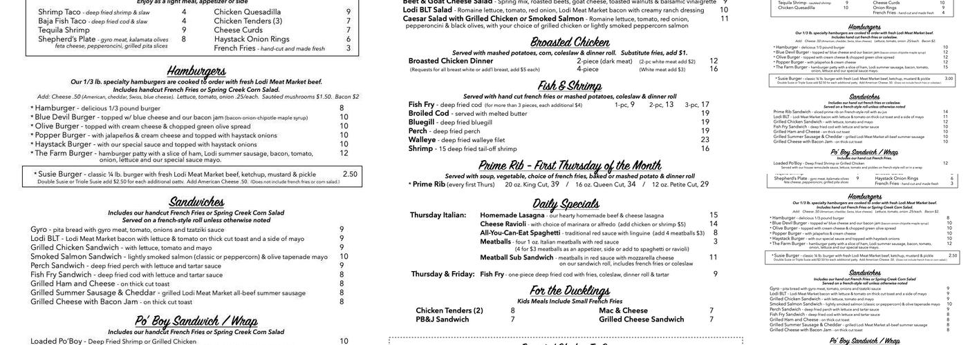 Spring Creek Restaurant Menu