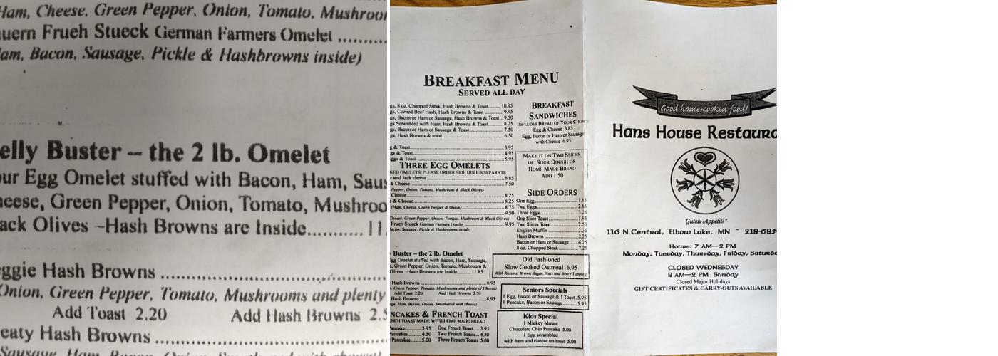 Hans House Menu