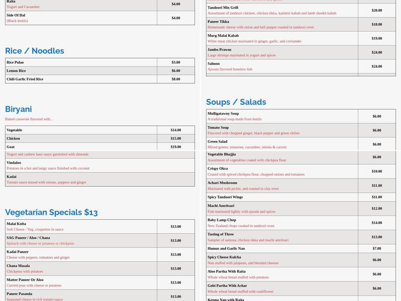 Jackson Diner Menu