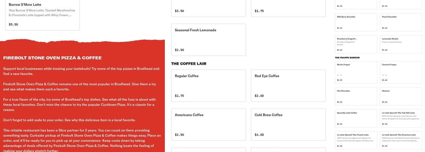 Firebolt Stone Oven Pizza and Coffee Menu