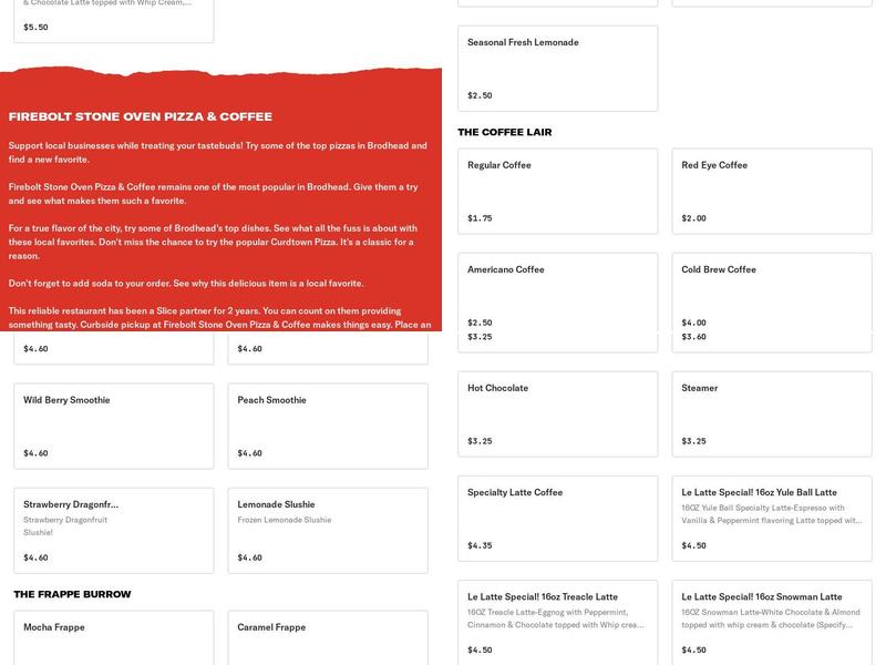 Firebolt Stone Oven Pizza and Coffee Menu