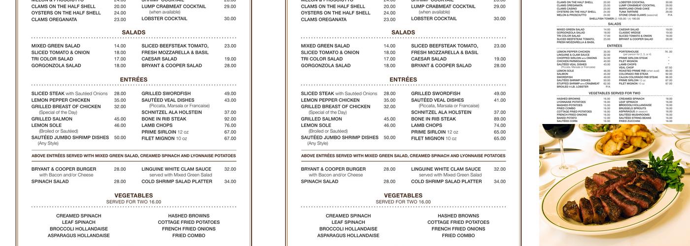 Bryant & Cooper Menu