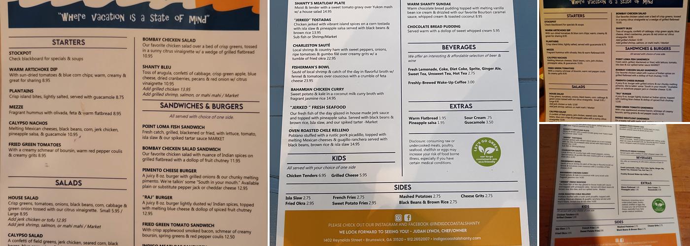 Indigo Coastal Shanty Menu