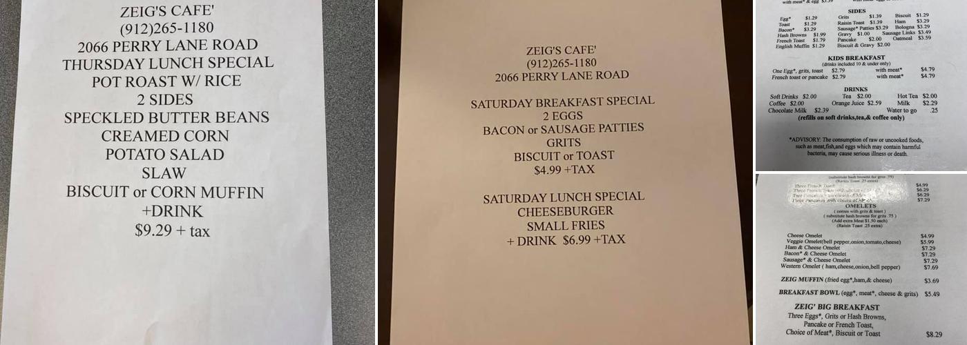 Zeig's Cafe Menu