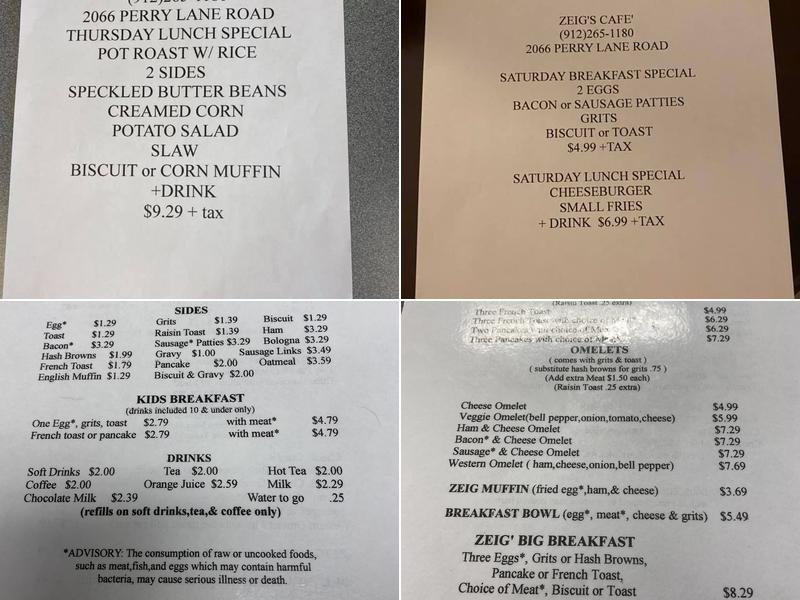 Zeig's Cafe Menu