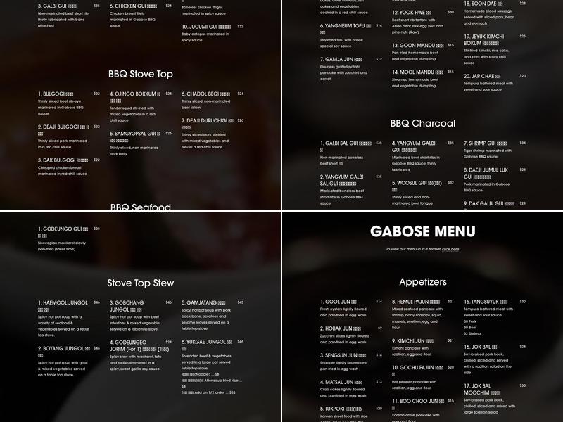 Gabose Korean BBQ Menu
