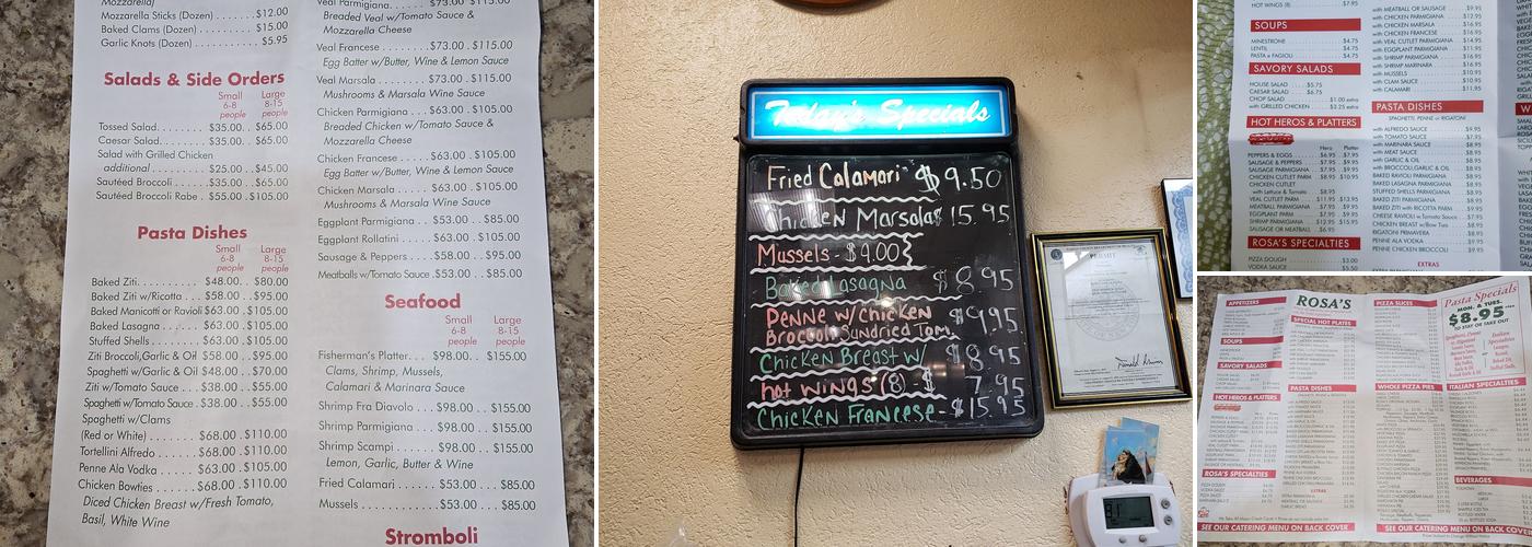 Rosa's Pizzeria and Restaurant Menu