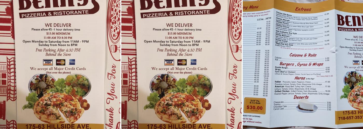 Benny's Pizza Menu