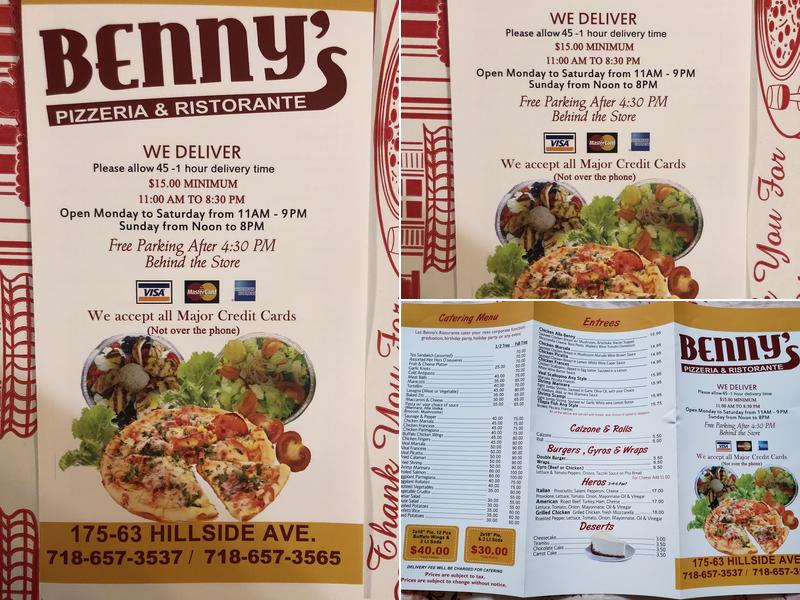Benny's Pizza Menu