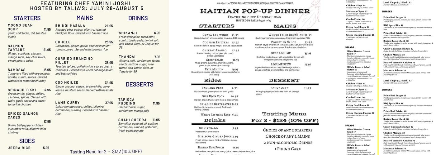 Talia's Steakhouse and Bar Menu