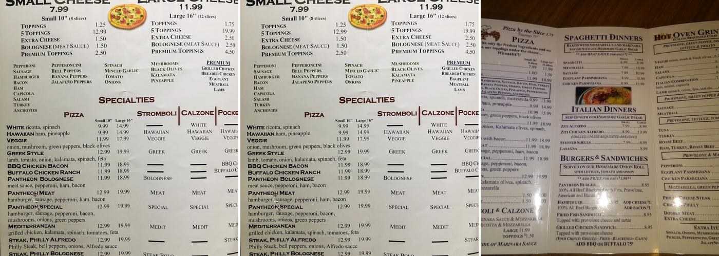 Pantheon Pizza Menu