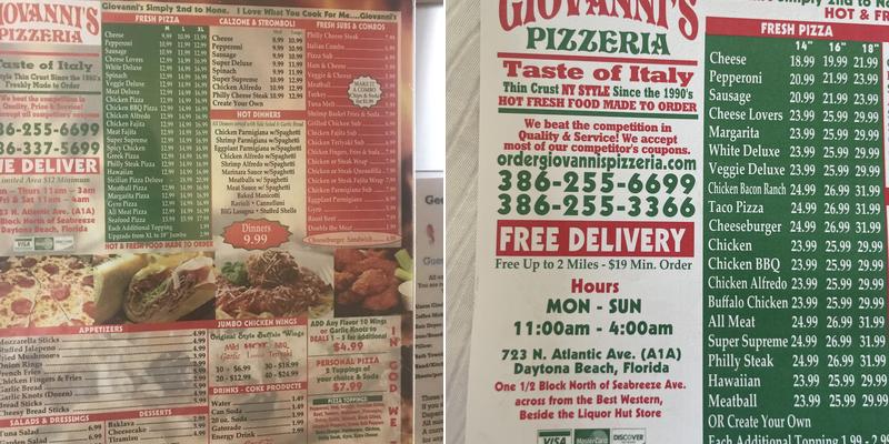 Giovanni's Pizzeria Menu