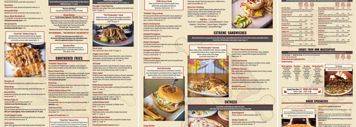 Giuseppe's Steel City Pizza Menu