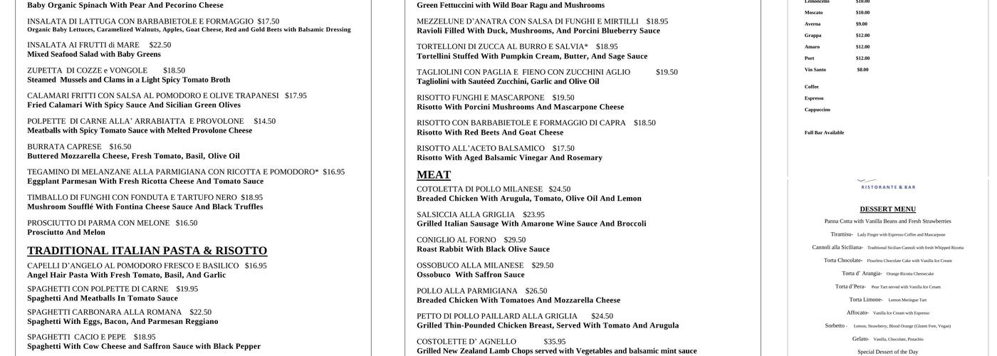 Celestino Ristorante & Bar Menu