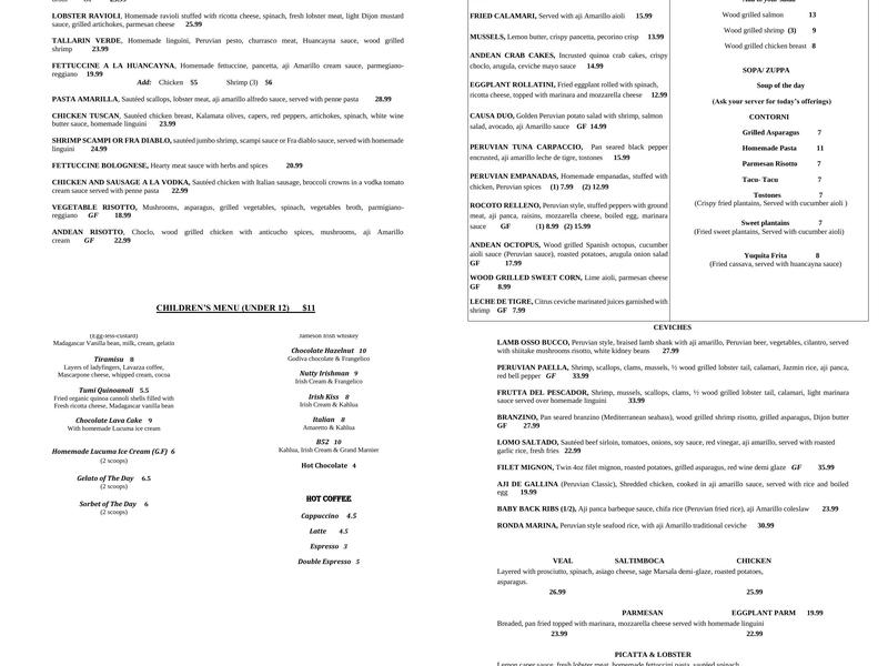 TUMI CEVICHE BAR & RISTORANTE Menu