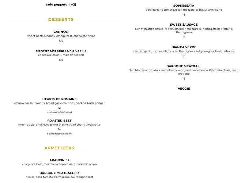 Pizza Barbone Menu