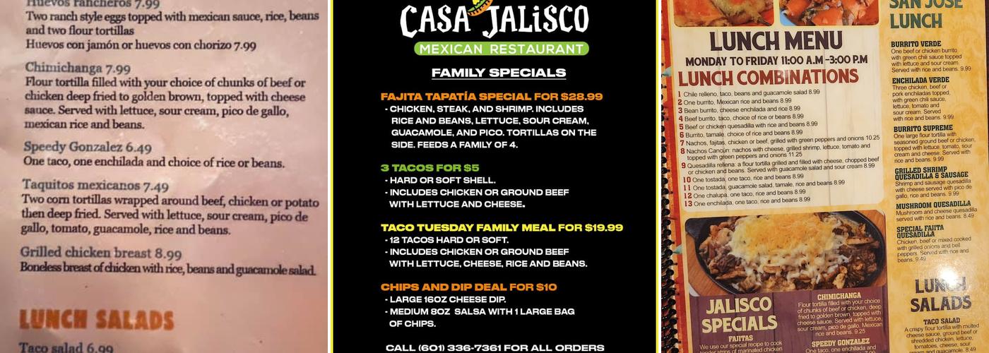 Casa Jalisco Mexican Restaurant Menu