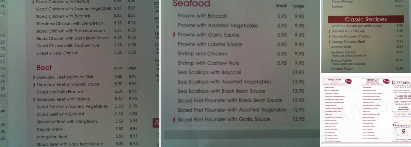 Difference Chinese Restaurant Menu