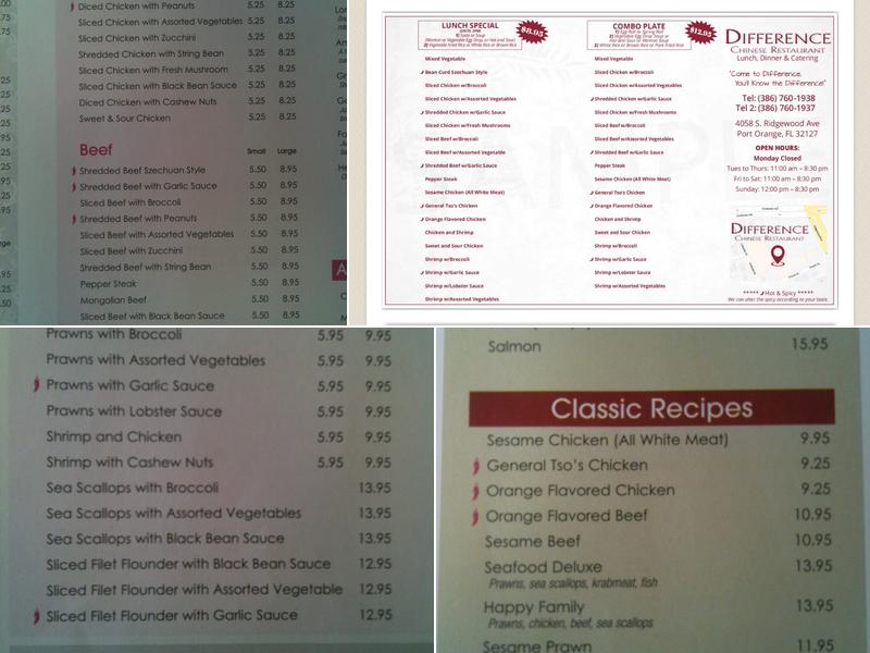 Difference Chinese Restaurant Menu