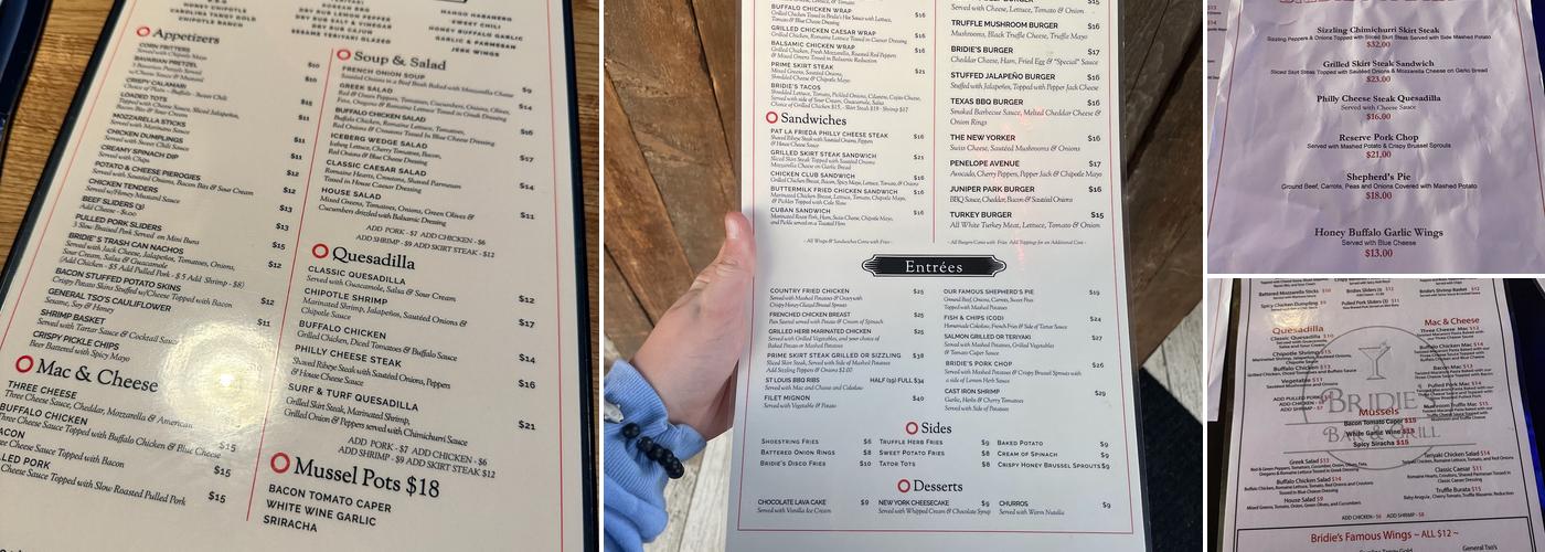Bridie's Grill Room Menu