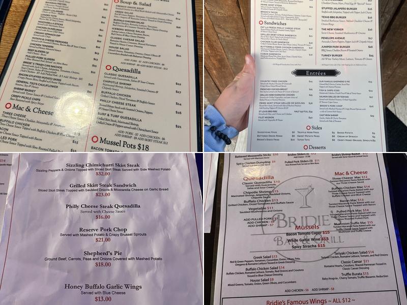 Bridie's Grill Room Menu