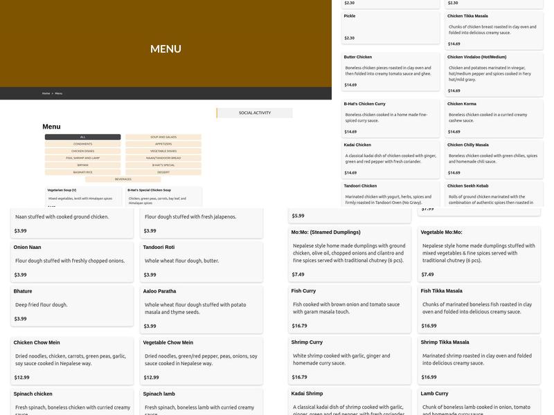 B-Hat's Curry House Menu