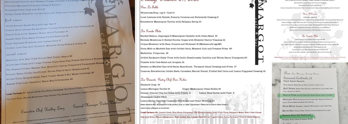 Margot Cafe & Bar Menu
