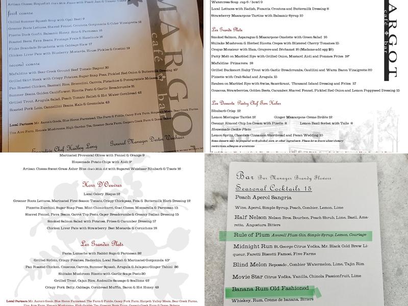 Margot Cafe & Bar Menu
