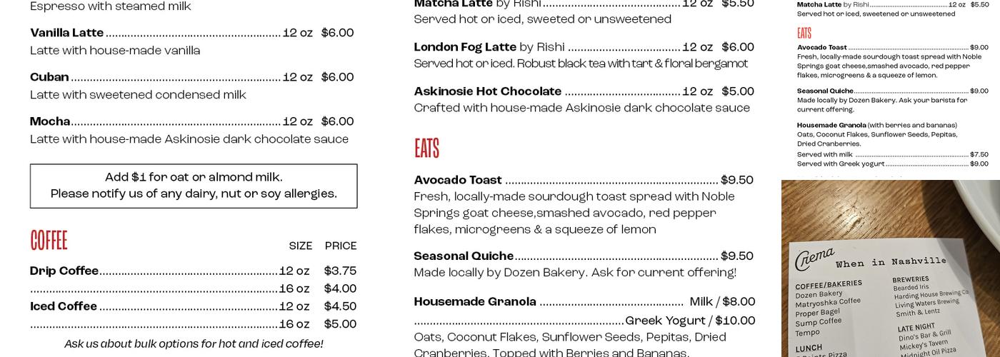 Crema Coffee Roasters Menu