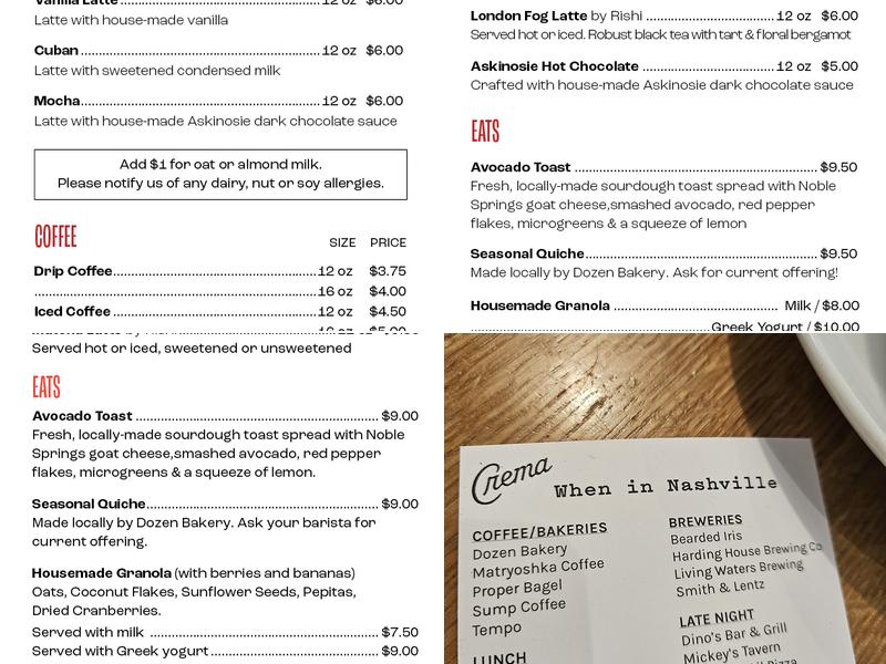 Crema Coffee Roasters Menu