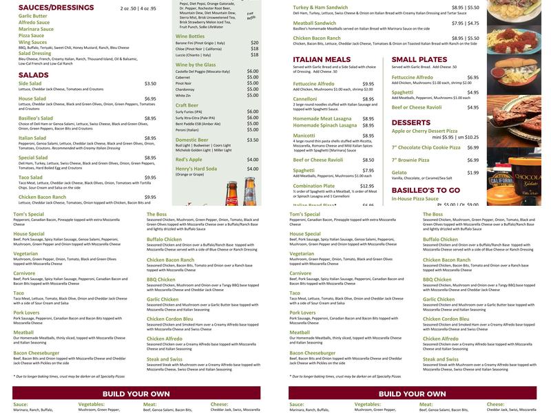 Basilleo's Pizza 2.0 Menu
