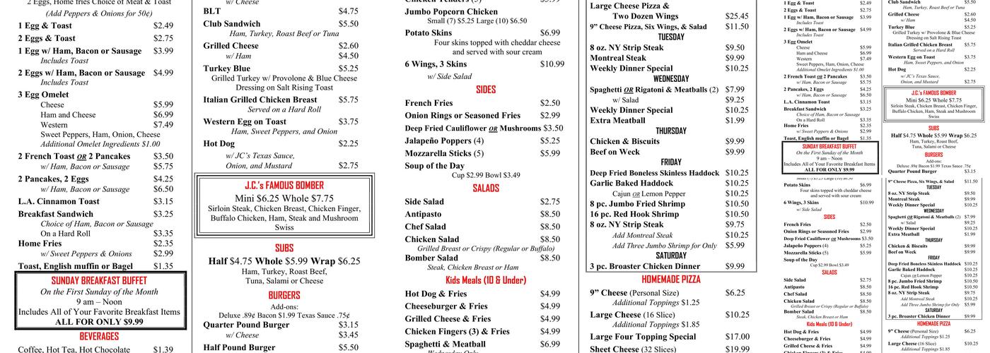 JC's Cafe Menu