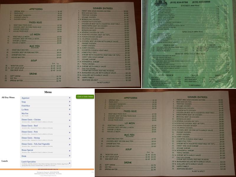 Evergreen Express Chinese Restaurant Menu