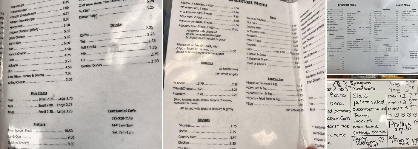 Centennial Cafe Menu