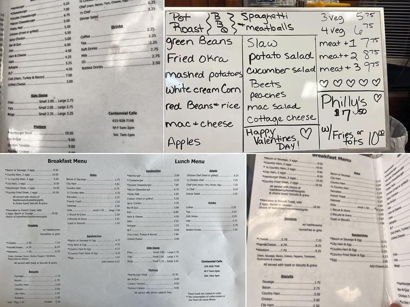 Centennial Cafe Menu