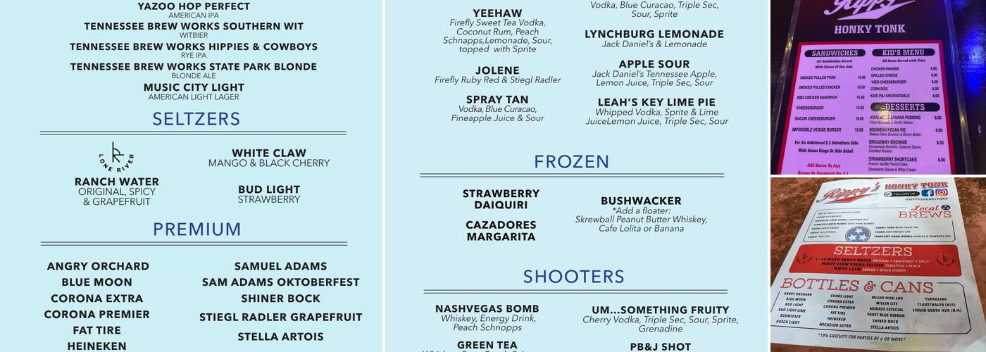 Rippy's Honky Tonk Menu