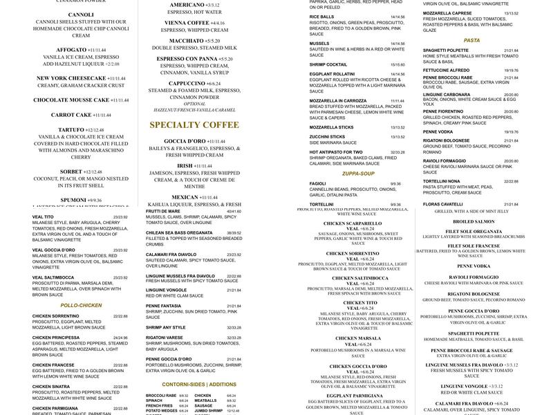 Goccia D'Oro Italian Restaurant Menu