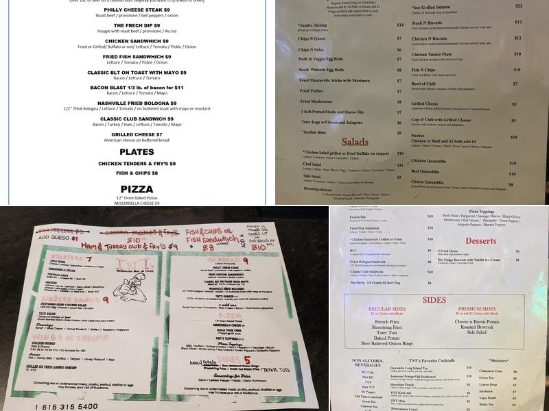 TNTs Billiards Bar & Grill Menu