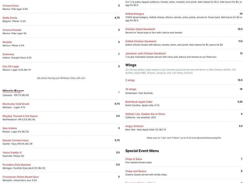 Roadside Bar & Grill Menu
