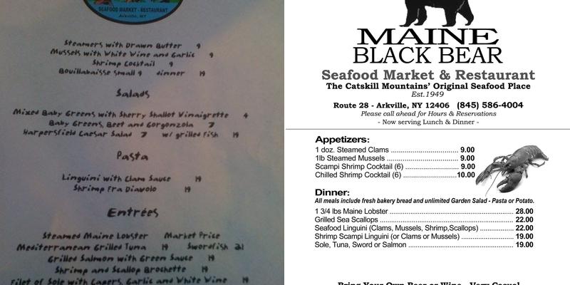 Maine Black Bear Seafood Market Menu