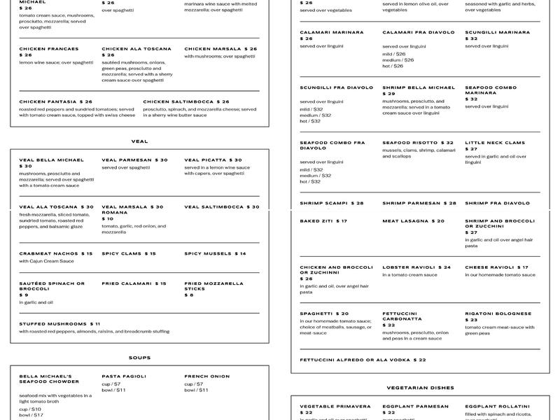 Bella Michael's Restaurant Menu