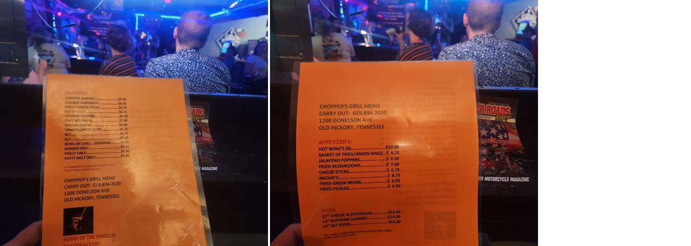 Chopper's Grill Menu