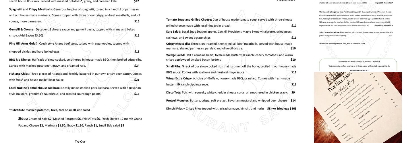 Pine Hill Arms Hotel Menu