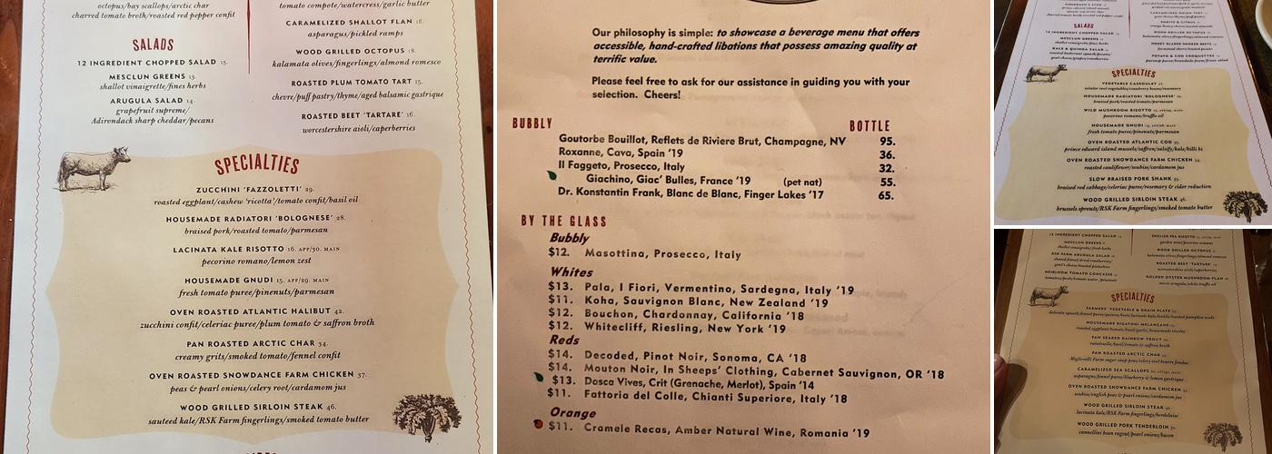 Peekamoose Restaurant Menu