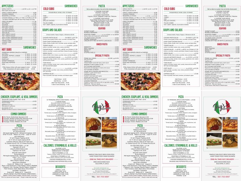 Jay's Pizza & Pasta Menu