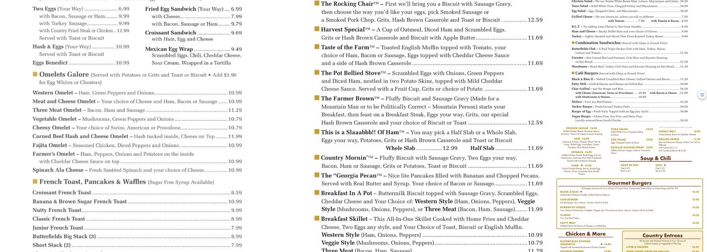 Butterfields Southern Cafe Menu