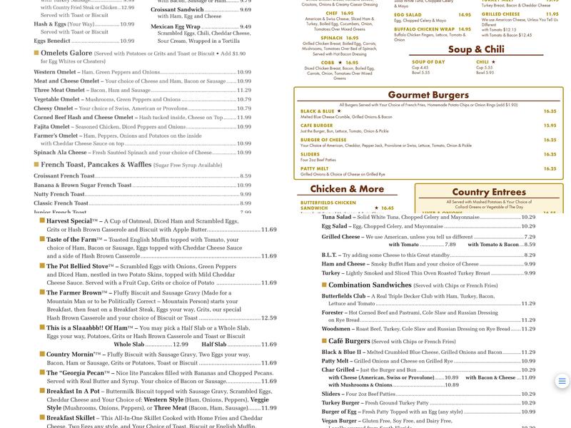 Butterfields Southern Cafe Menu