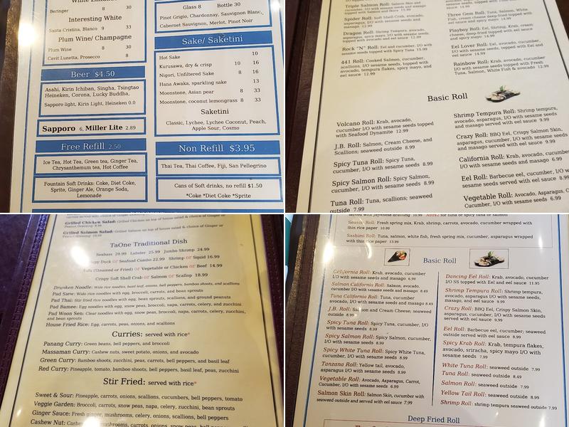TaOne Asian Fusion Menu